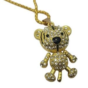 Articulated Gold Tone Black Enamel Round Crystal Teddy Bear Pendant 24" Chain